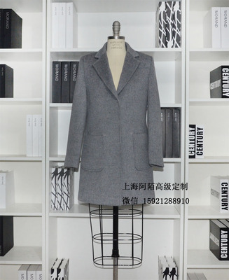 上海阿陌高级定制  灰色加厚双面羊绒西装领中长款大衣