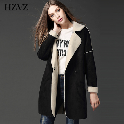 HZVZ2015秋冬新款麂皮鹿皮绒风衣中长款毛呢子外套女大衣棉衣棉服