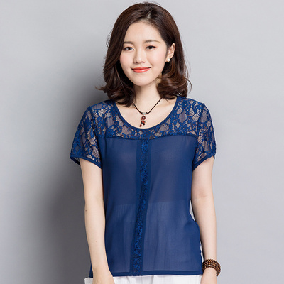 2016夏季中年女士雪纺蕾丝短袖t恤衫圆领修身上衣韩版纯色大码