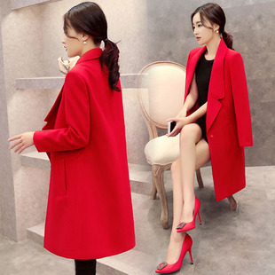 2015秋冬红色中长款毛呢外套女新款时尚气质韩版修身显瘦呢子大衣