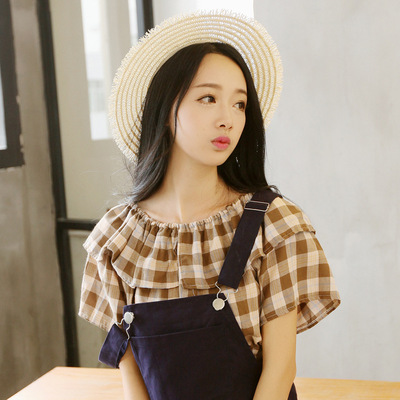 2015夏季新款女装韩版女露肩上衣一字领荷叶边格子