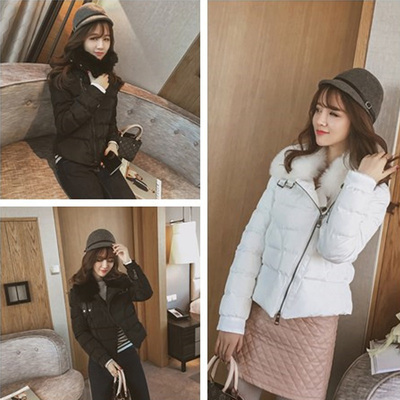2015冬季大码女装新款 韩版毛领斜拉链夹克短款加厚羽绒棉衣外套