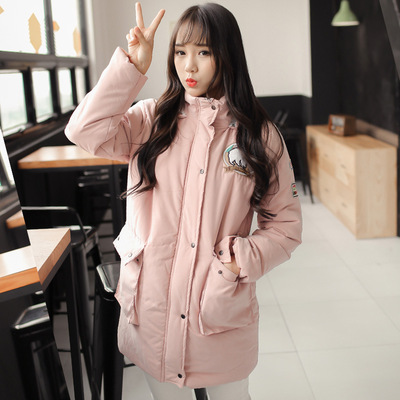冬季新款韩版羽绒服长款粉色高领可脱帽加厚显瘦a字型棉袄外套女
