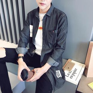 型格潮品春秋新款男士韩版青少年衬衣外套休闲修身型男长款衬衫