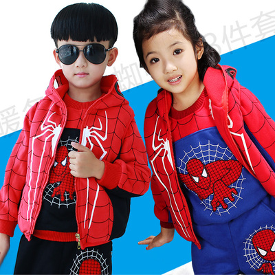 男童冬装套装2016新款女童蜘蛛侠童装儿童卫衣三件套大童运动衣服