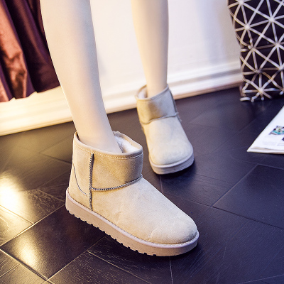 2015冬季新款加绒加厚雪地靴女 韩版保暖中筒短靴 纯色鹿皮棉靴