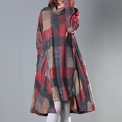 2015秋冬新款韩版棉麻大码女装堆堆领不规则高领格子毛呢连衣裙