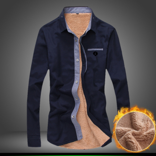 197-C13-P45-加绒加厚新秋装新款男长袖衬衫 袖标衬衫藏青色