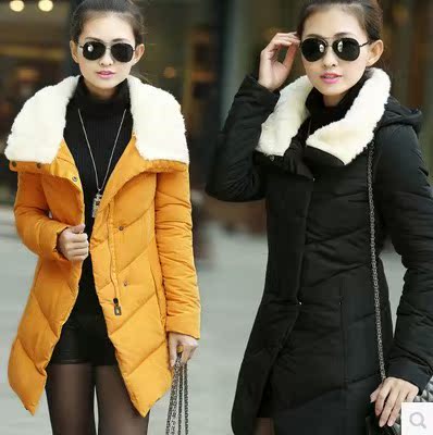 2015新款韩版修身冬季棉袄连帽中长款棉衣女毛领棉服外套