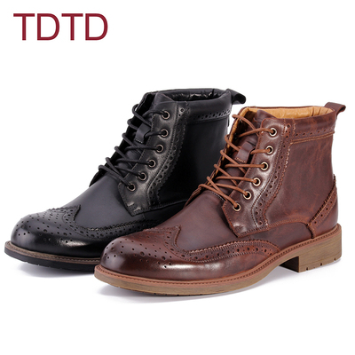 TDTD真皮英伦高帮鞋男 布洛克雕花马丁靴 系带圆头欧美复古短皮靴