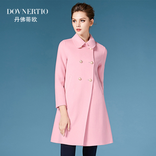 2015粉色秋冬新款纯手工双面羊绒大衣女士娃娃领纯色毛呢外套