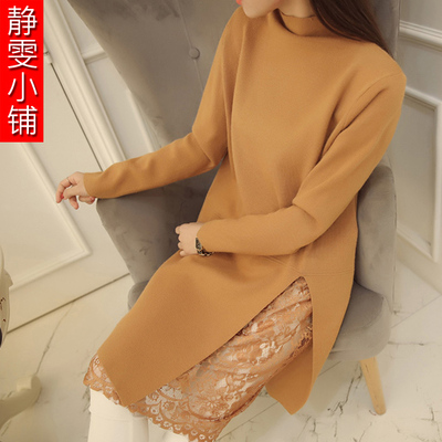 2015冬装新款女装韩版半高领拼接蕾丝开叉中长款针织毛衣女连衣裙