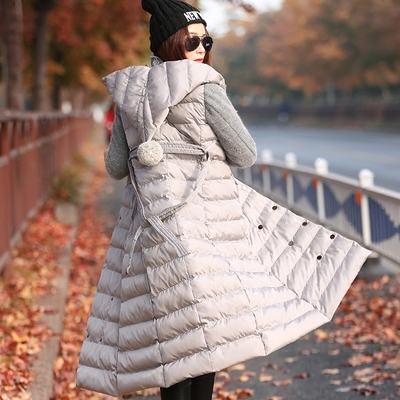 欧洲站2015韩版冬装修身中长款过膝棉衣女外套拼接兔毛袖大码棉服