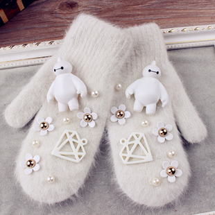 冬季时尚兔毛手套女韩版可爱卡通大白花朵加厚保暖毛线连指棉手套