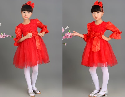 新款长袖女童公主裙儿童演出服装花童礼服蓬蓬裙秋冬舞蹈表演服装
