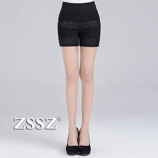 ZSSZ 2015欧洲站新款秋冬女装蕾丝拼接黑色直筒修身弹力短裤靴裤