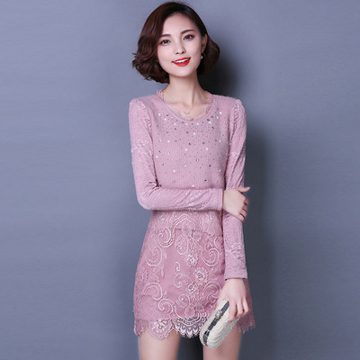 韩版新款女装秋冬季气质时尚修身针织蕾丝打底裙长袖加绒连衣裙子