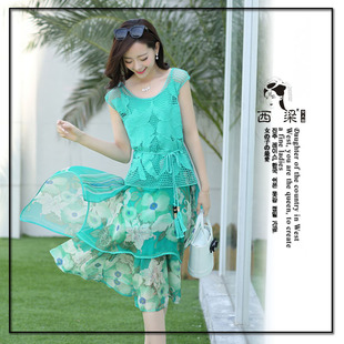 2015夏装新款韩系蕾丝衫两件套装雪纺吊带连衣裙女夏季印花色长裙