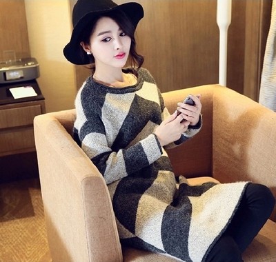 实拍2015韩版新款春季大圆领中长版女装针织衫宽松版