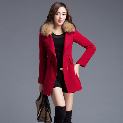 毛呢外套女中长款修身显瘦2015年秋冬季新款韩版时尚经典可卸毛领