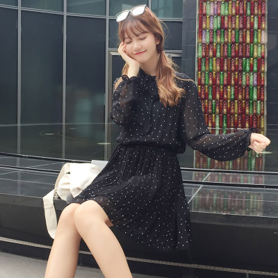 2016秋季韩版新款百搭女装中长款长袖双层波点黑色雪纺百褶连衣裙