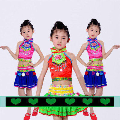 新款六一儿童少数民族演出服装女童短袖苗族服壮族彝族舞蹈表演裙