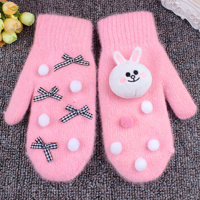 毛球兔子可爱卡通韩版学生手套女冬季保暖全指羊毛手工蝴蝶节棉
