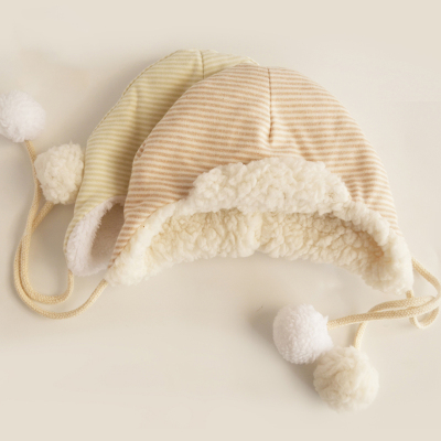 纯彩棉秋冬加厚婴儿帽 有机棉羊羔绒宝宝帽子户外出 新生儿胎帽