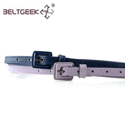 BELTGEEK-简洁通勤方型针扣粗线装饰女款头层真皮细款腰带