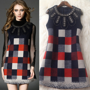2015秋冬装新款欧美时尚重工手工订珠格纹羊毛呢A字型连衣裙T4651