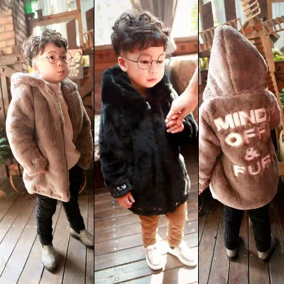 2015新款童装外套韩版中小童仿皮草连帽毛绒加厚中长款毛毛大衣潮