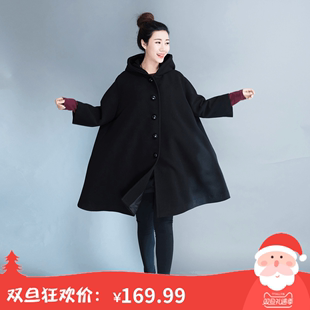 17新款韩版时尚气质大衣中长款连帽毛呢a字宽松小个子斗篷外套女