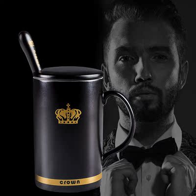 赞男士马克杯欧式纯色大容量咖啡杯带盖勺黑色创意陶瓷水杯包邮