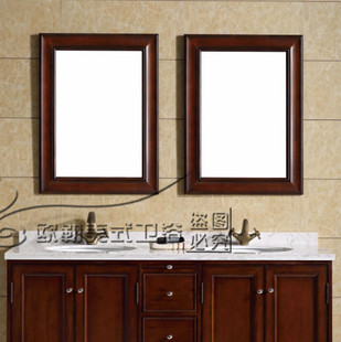 美式乡村实木边框浴室柜镜子 欧式仿古做旧美容镜 橡木平板镜子