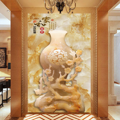 客厅电视背景墙纸3D玉雕花瓶玄关背景过道壁纸大型壁画定制墙布