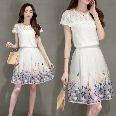 2016夏季新款韩版女装蕾丝网纱拼接印花连衣裙两件套