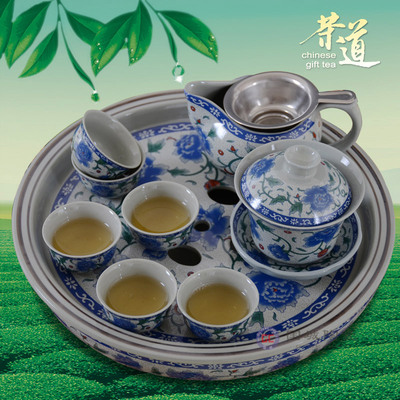 功夫茶具套装特价包邮 家庭整套组合带陶瓷圆茶盘青瓷茶海侧把壶