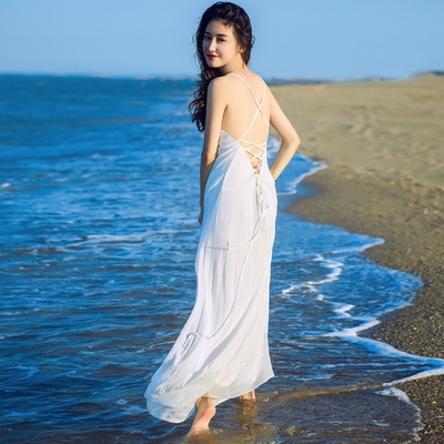夏季欧美吊带性感交叉露背背心连衣裙波西米亚长裙度假沙滩裙