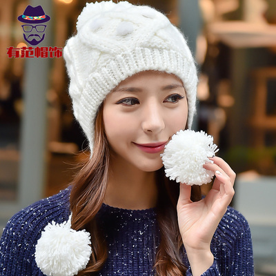 韩版毛线帽 冬季帽子女士时尚可爱吊球针织帽加绒加厚保暖护耳帽