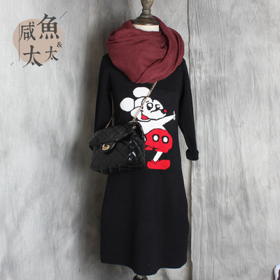 2015秋冬新款亲子装母女长款韩版童装女童卡通米老鼠毛线衣针织衫