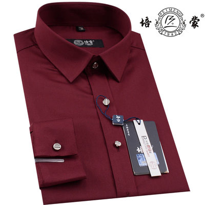 培蒙衬衫男 长袖春季新款棉+竹纤维纯色酒红色小领男士修身款衬衣