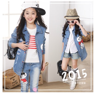 2015韩版女童装打折中大童卡通中长款牛仔外套风衣