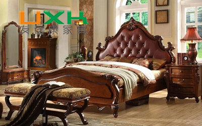 美式实木床橡木雕花双人床真皮软包1.8m2m床订制北京别墅实木家具