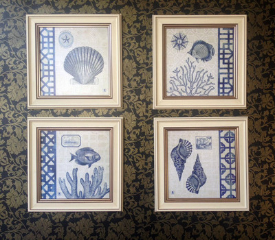 欧式地中海客厅装饰画简约现代餐厅有框画四联画海贝壳鱼壁画挂画