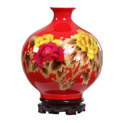 景德镇陶瓷器中国红牡丹麦秆花瓶现代时尚精品家居工艺装饰品摆件