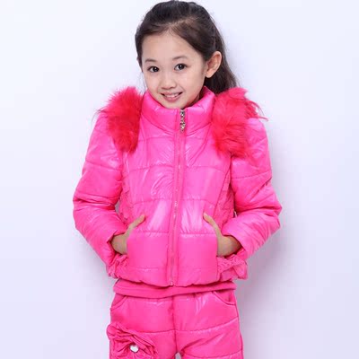 2015新款韩版套装女童冬款中大童保暖棉衣儿童大花毛领三件套童装