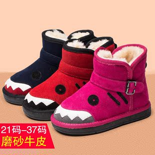 韩版卡通雪地靴2015冬季保暖加绒儿童靴 男童女童冬靴 真皮中筒靴