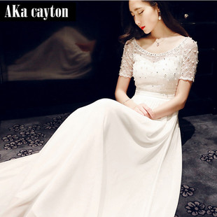 夏季新款白色仙女雪纺长裙韩国女神钉珠蕾丝性感一字领短袖连衣裙