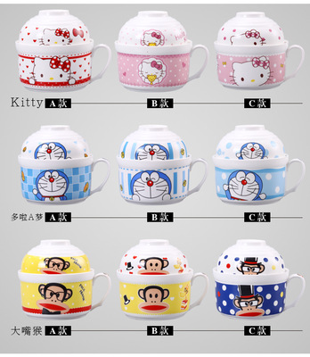 批发日式创意卡通陶瓷泡面碗泡面杯餐具套装可爱方便面碗汤碗大号