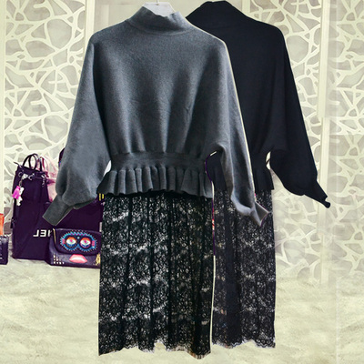 韩国代购假两件针织连衣裙蝙蝠袖欧洲站毛衣蕾丝下摆中长款女装秋
